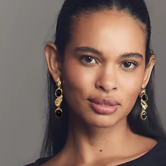 ALEXIS BITTAR • Brut Black Onyx Gold Coin Linear Post Drop Earrings - Picture 5 of 13